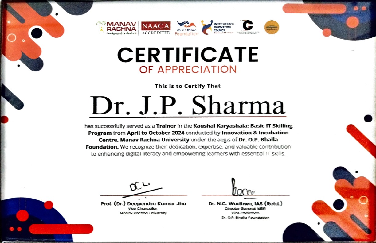 Dr. J. P. Sharma received appreciation for Kaushal Karyashala training program